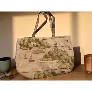 Canvas Tote Bag w/Nautical Island Lighthouse Sailboats